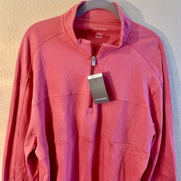 NWT Van Heusen Pullover Top Men’s Large Salmon 100% Cotton 1/4 Zip Ribbed Panel - Picture 2 of 12